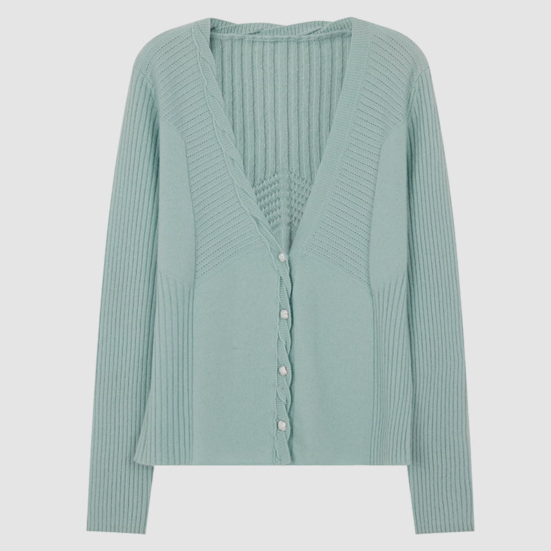 ژاکت کشباف بافتنی تک سینه یقه وی ML2218 با دکمه های گلبرگ ژاکت کشباف بافتنی تک سینه یقه وی ML2218 با دکمه های گلبرگ