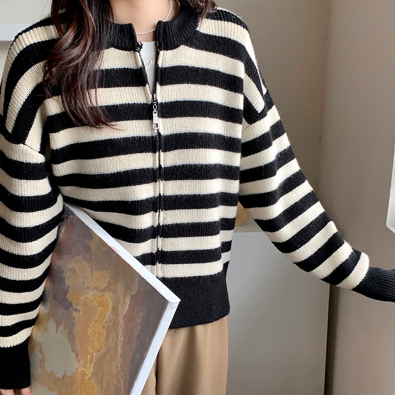 ژاکت کشباف کشباف ژاکت زنانه یقه گرد زنانه SM-K0029، ژاکت راه راه زیپی ژاکت کشباف کشباف ژاکت زنانه یقه گرد زنانه SM-K0029، ژاکت راه راه زیپی