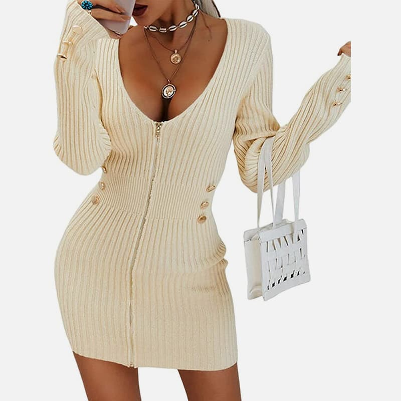 لباس بافتنی نازک کوتاه یقه V-یقه آستین بلند SM-K0078 لباس بافتنی نازک کوتاه یقه V-یقه آستین بلند SM-K0078