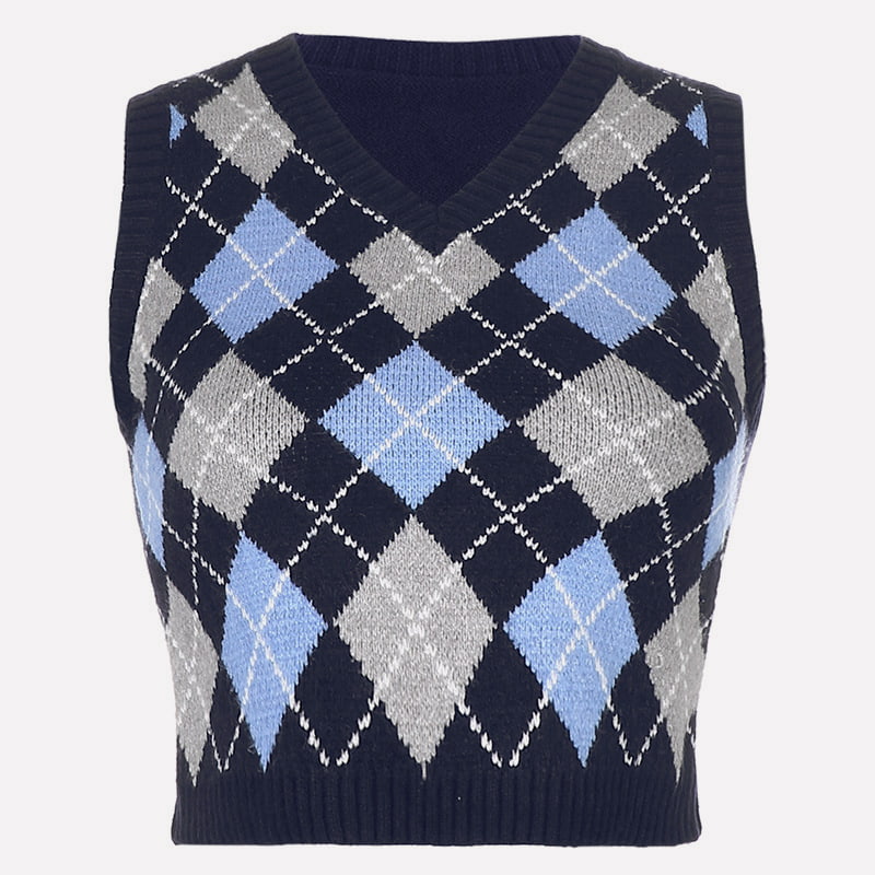 الگوی چک هندسی جلیقه بافتنی کوتاه SM-K0058 یقه V