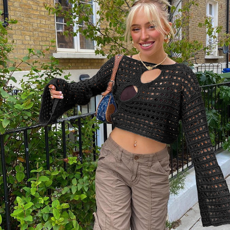 SM-K0084 آستین شاخی توخالی روپوش کوتاه بافتنی بلوز بافتنی SM-K0084 آستین شاخی توخالی روپوش کوتاه بافتنی بلوز بافتنی