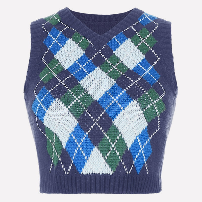 الگوی چک هندسی جلیقه بافتنی کوتاه SM-K0058 یقه V الگوی چک هندسی جلیقه بافتنی کوتاه SM-K0058 یقه V