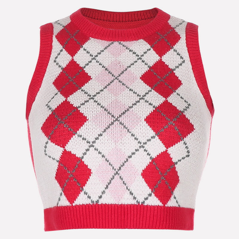 الگوی چک هندسی جلیقه بافتنی کوتاه SM-K0058 یقه V الگوی چک هندسی جلیقه بافتنی کوتاه SM-K0058 یقه V