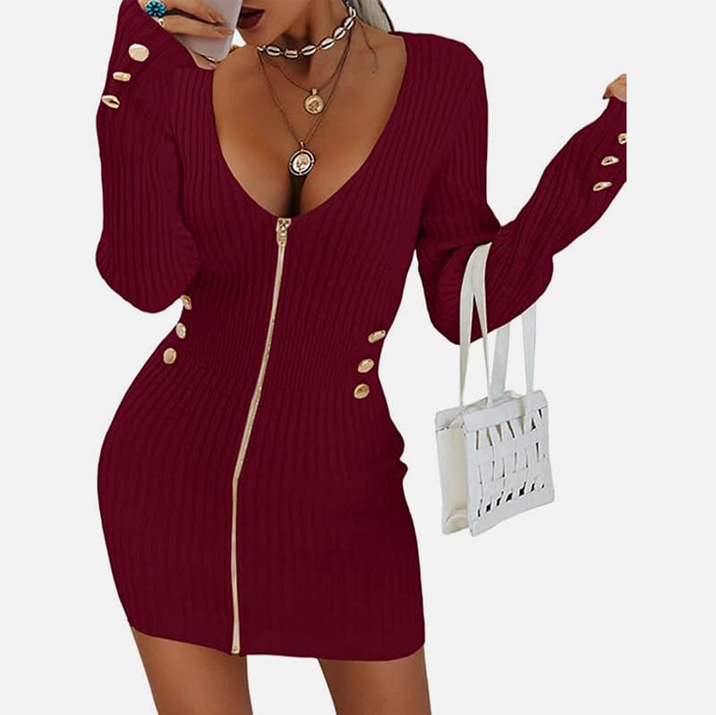 لباس بافتنی نازک کوتاه یقه V-یقه آستین بلند SM-K0078 لباس بافتنی نازک کوتاه یقه V-یقه آستین بلند SM-K0078