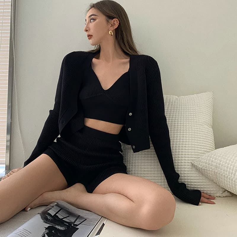 SM-K0112 جلیقه و کت و شلوار سکسی نرم + شلوارک بافتنی SM-K0112 جلیقه و کت و شلوار سکسی نرم + شلوارک بافتنی