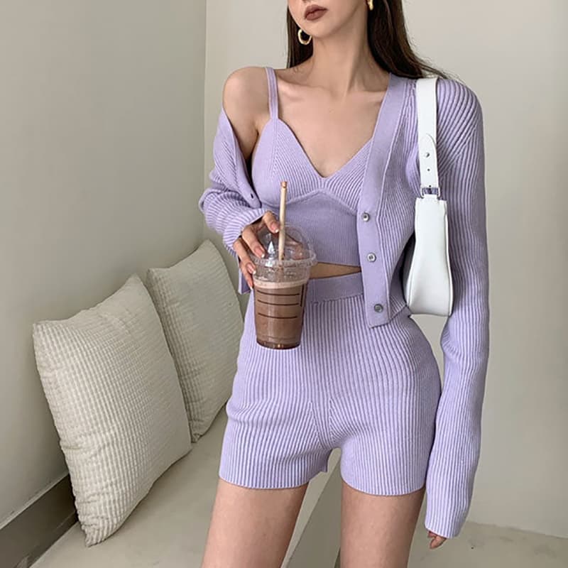 SM-K0112 جلیقه و کت و شلوار سکسی نرم + شلوارک بافتنی SM-K0112 جلیقه و کت و شلوار سکسی نرم + شلوارک بافتنی